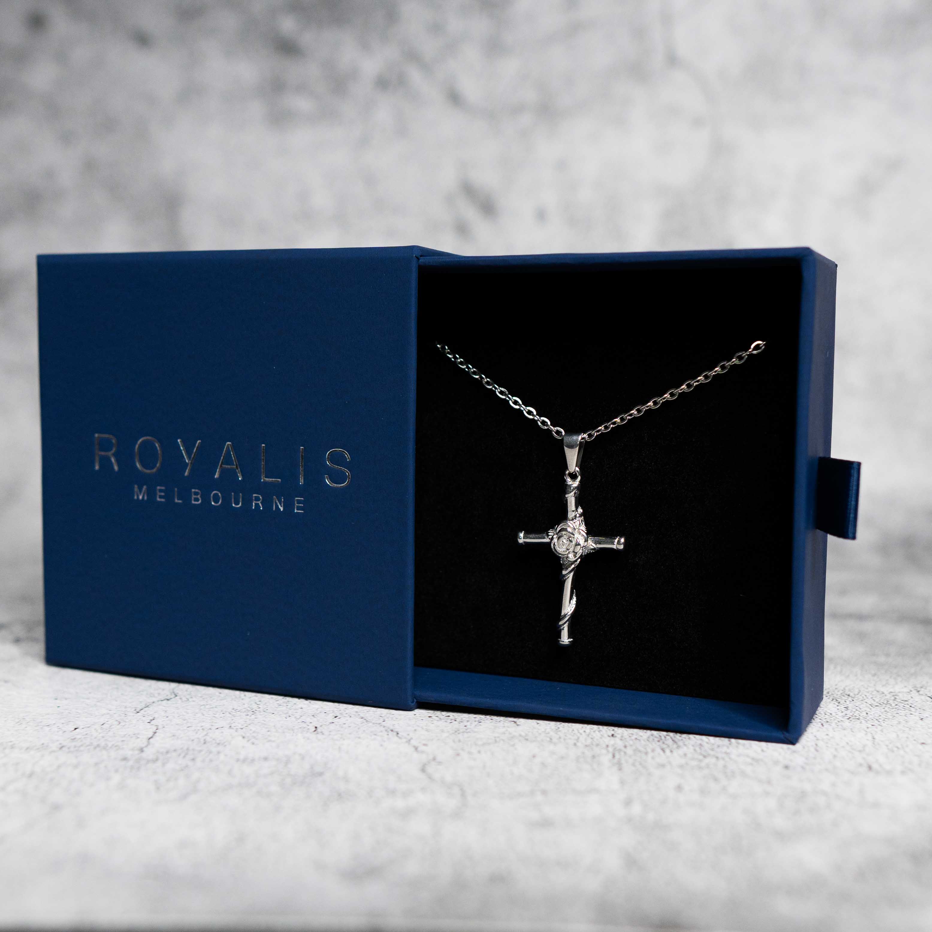 Rose Cross Pendant (White Gold)