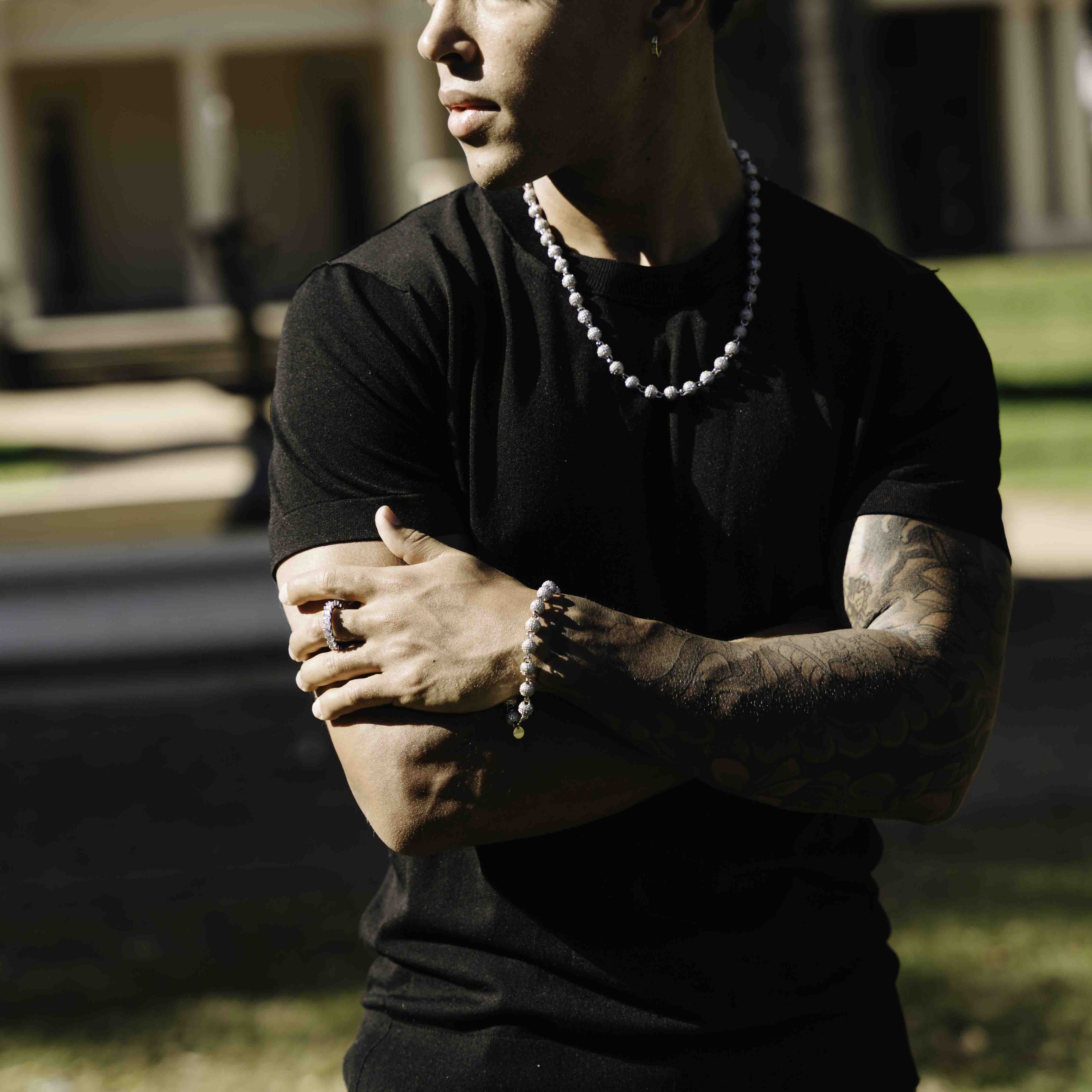 Iced Ball Pendant Bracelet (White Gold) 6mm