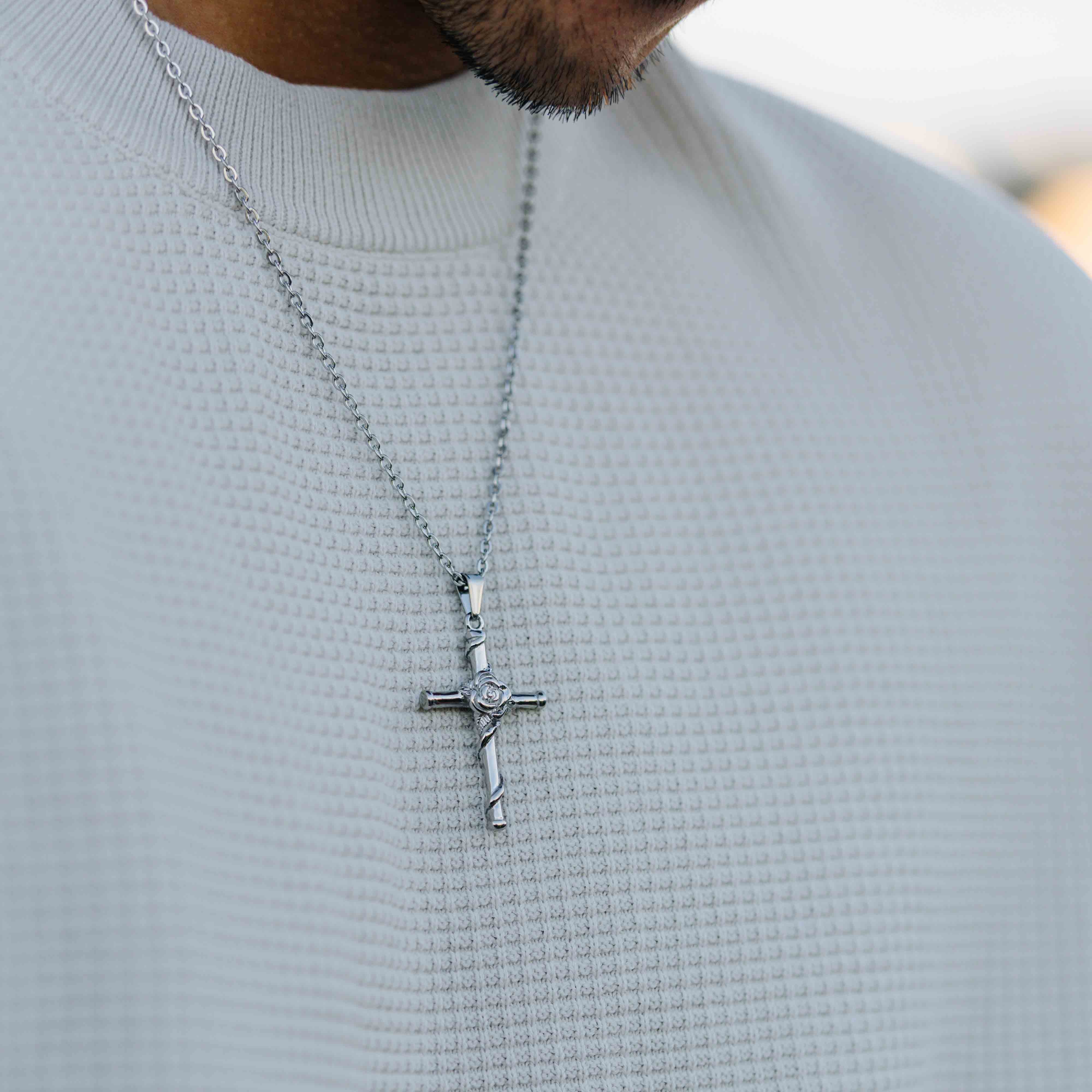 Rose Cross Pendant (White Gold)